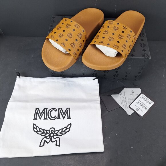 MCM Monogram Logo Print Rubber Slides Sandals Size 40 EU Womens 10 Mens 8 - Picture 1 of 14